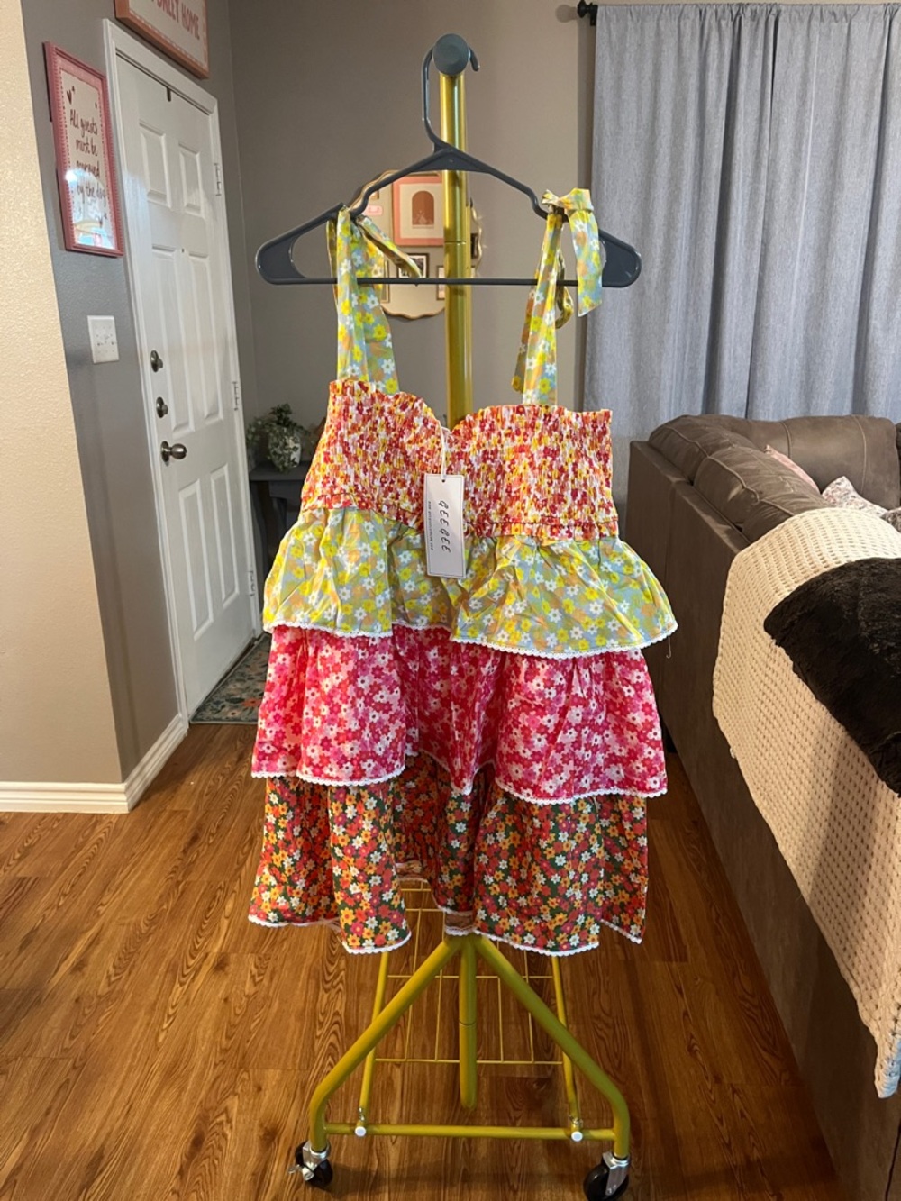 Floral Tiered Mini Dress with Tie Straps - Yellow & Pink